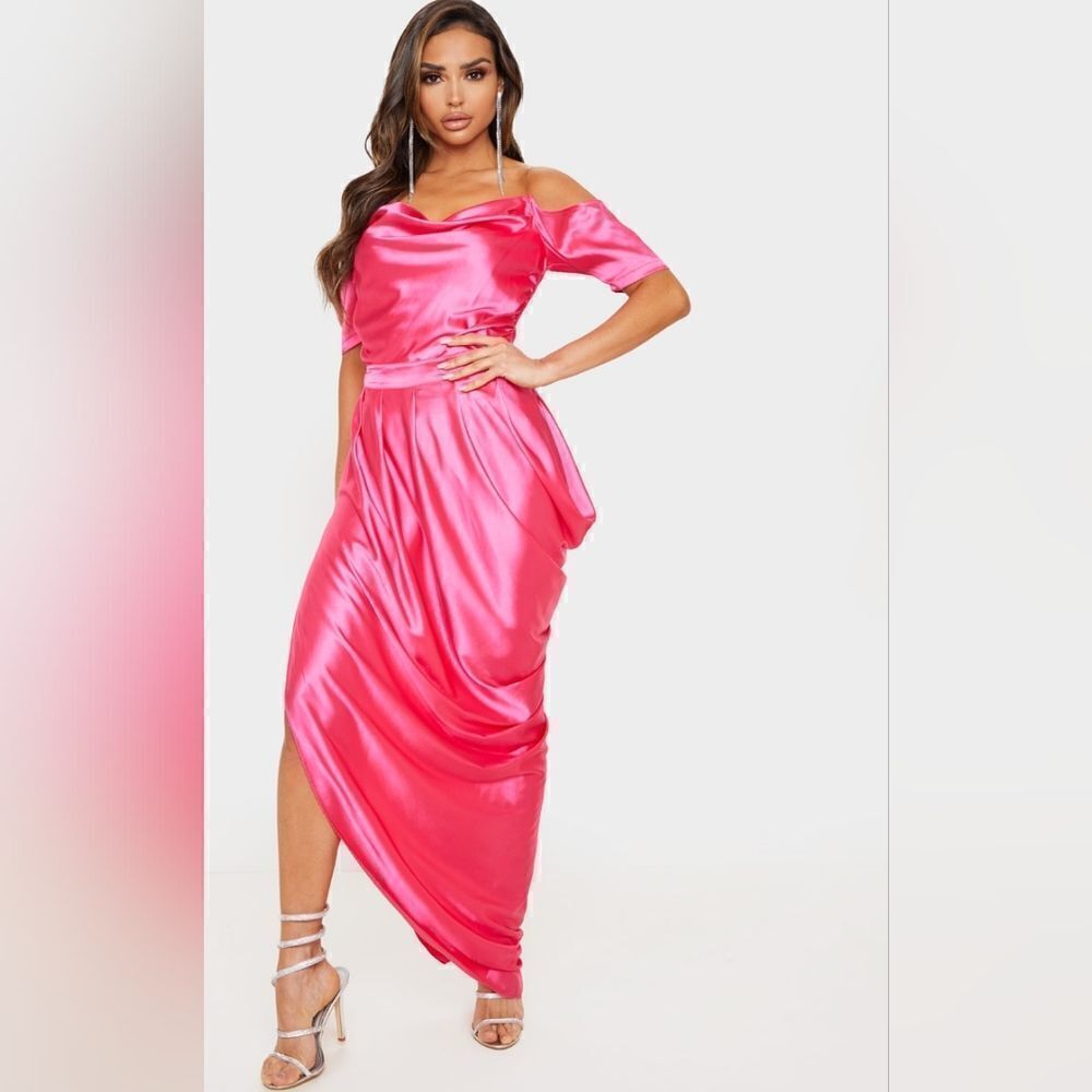 Elegant Pink Off-Shoulder Satin Dress